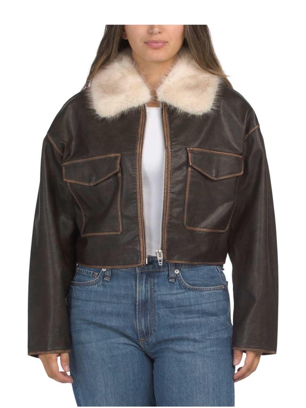 Blank NYC Dark Brown Leather Distressed Jacket with Detachable Faux Fur Collar